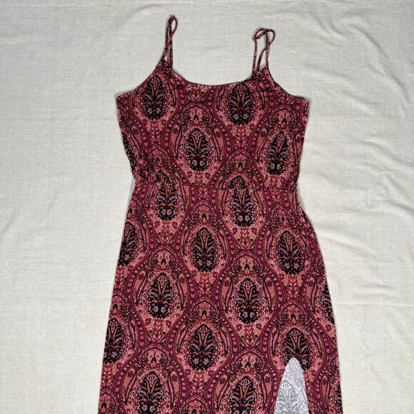 American Eagle Boho Maxi Dress Womens L Maroon Slit Hippie 70s Retro Vacation - Picture 5 of 10